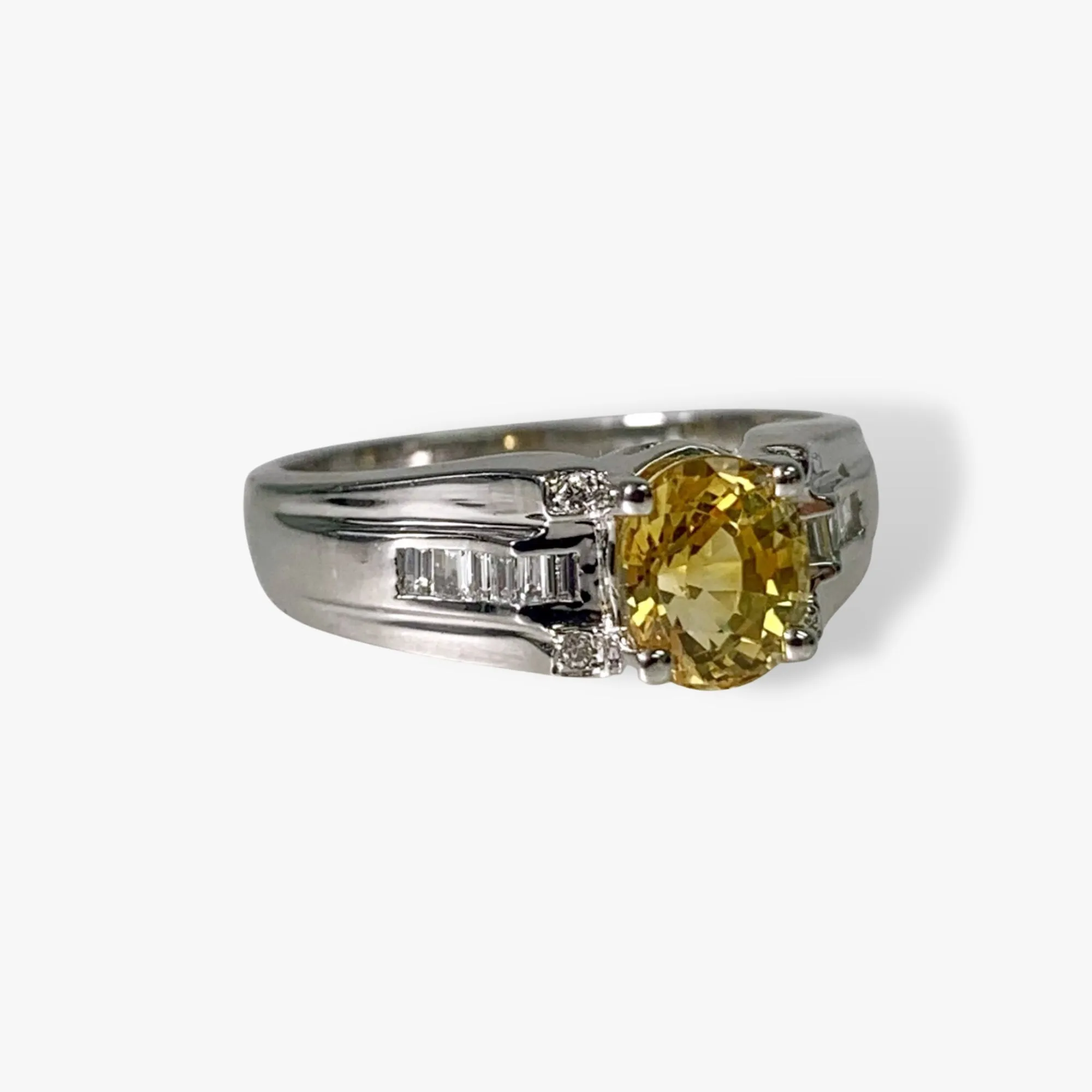 18k White Gold Oval Cut Yellow Sapphire Diamond Vintage Ring
