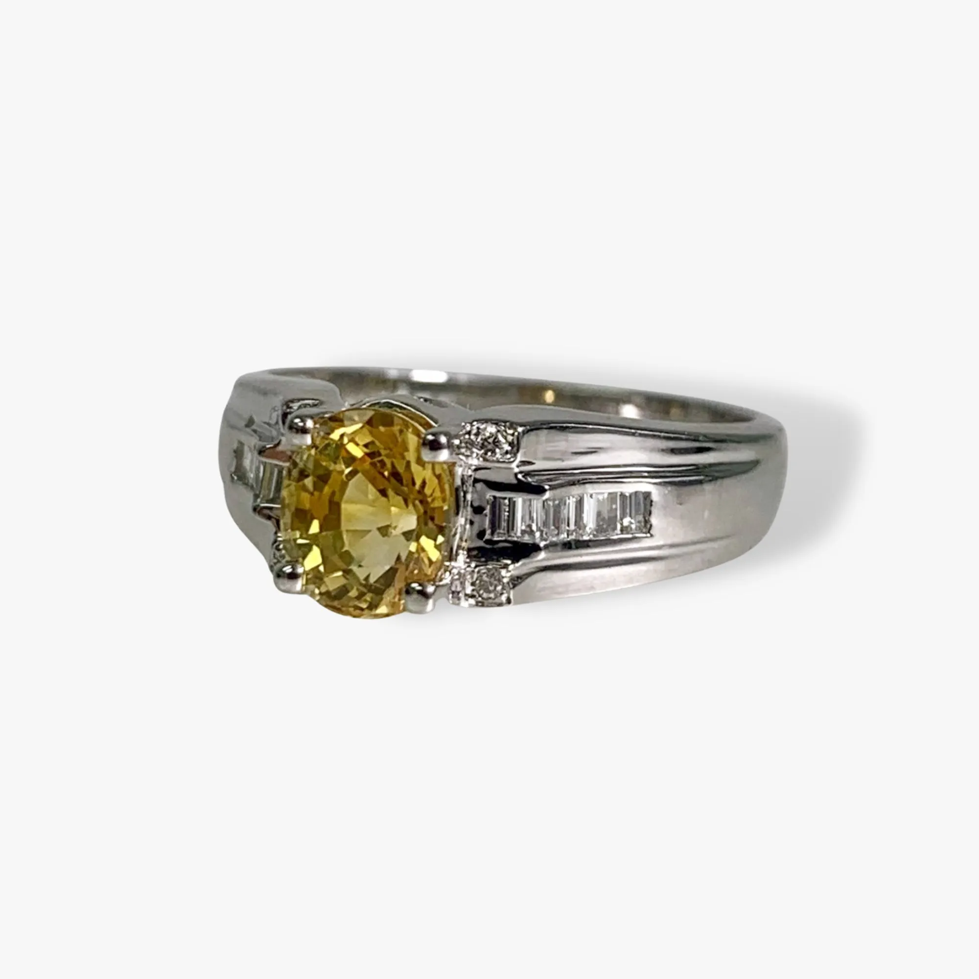 18k White Gold Oval Cut Yellow Sapphire Diamond Vintage Ring