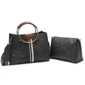 2 Pieces Striped Handbag Set - Black