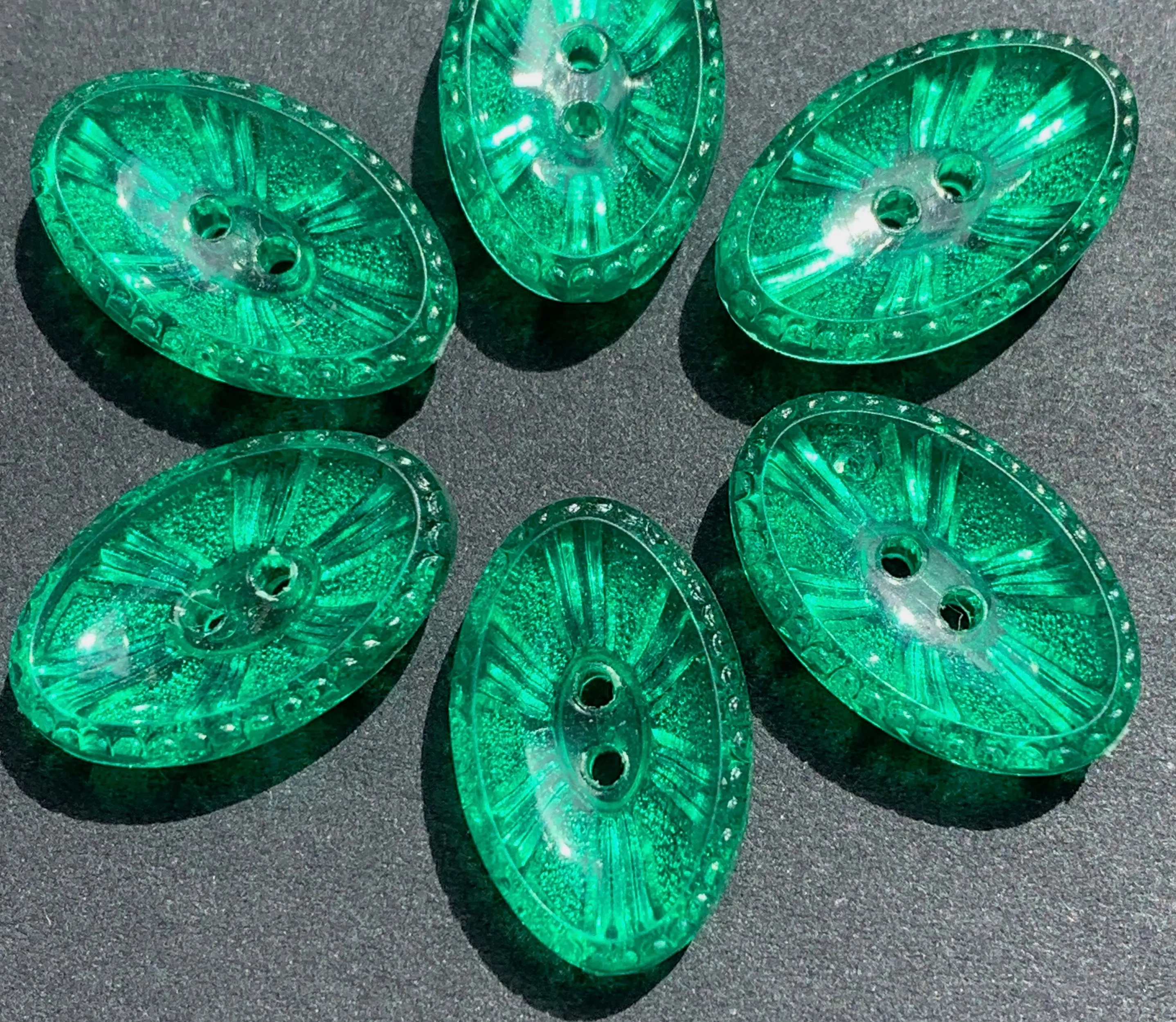 6 Elliptical Glowing Jade Green Vintage Buttons  13mm, 15mm or 17mm long