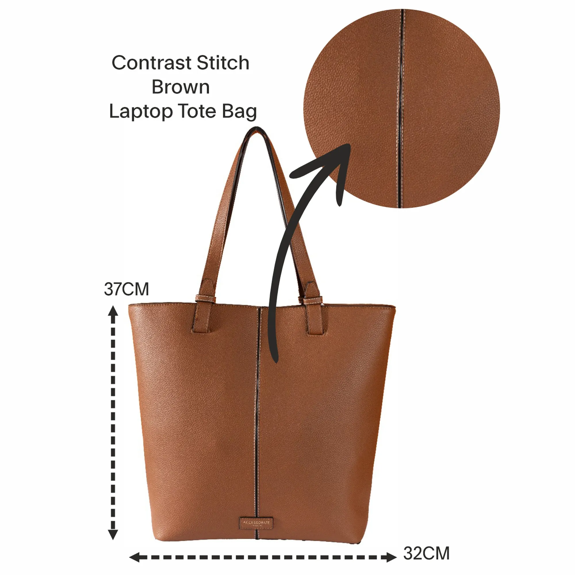 Accessorize London Women's Brown Faux Leather Contrast Stitch Laptop Tote Bag