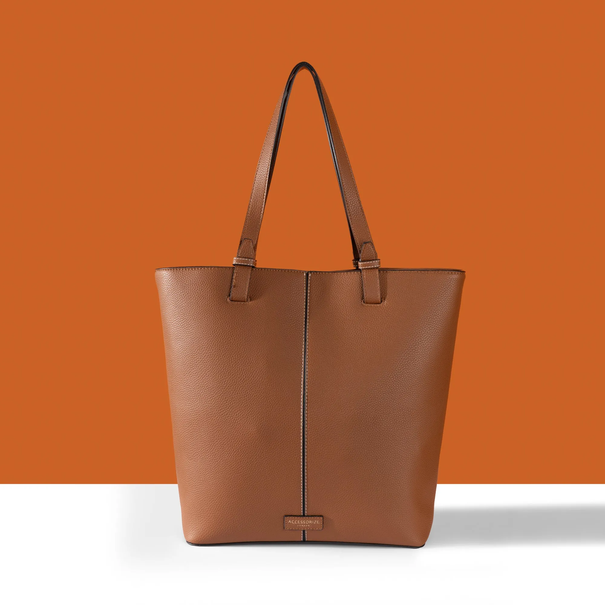 Accessorize London Women's Brown Faux Leather Contrast Stitch Laptop Tote Bag