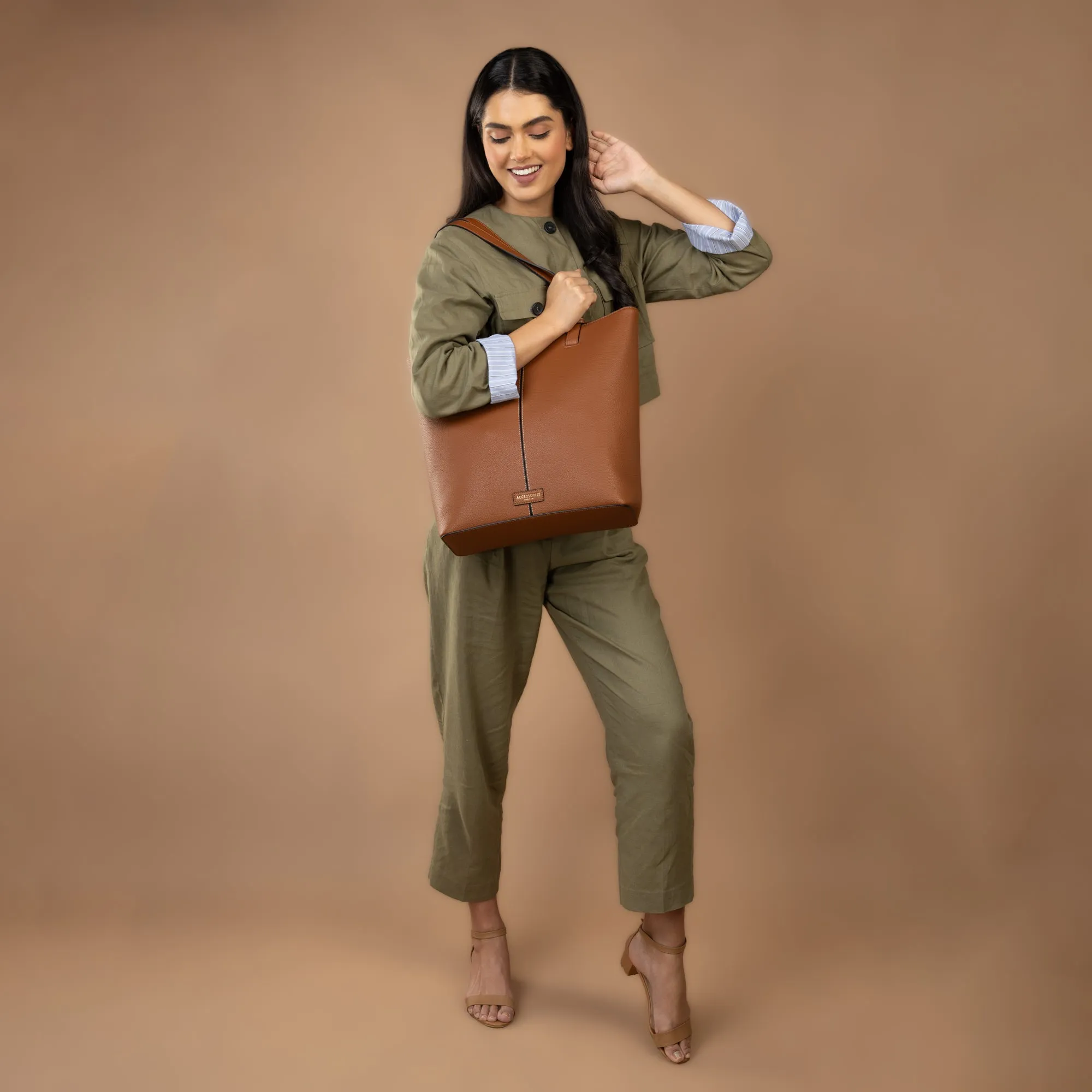 Accessorize London Women's Brown Faux Leather Contrast Stitch Laptop Tote Bag