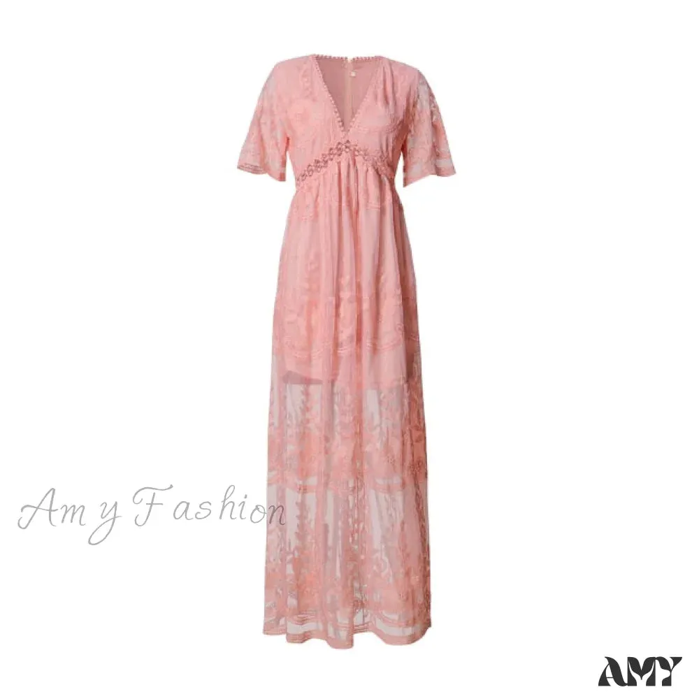 Amy Fashion - Loose Embroidery White Lace long Tunic Beach Dress
