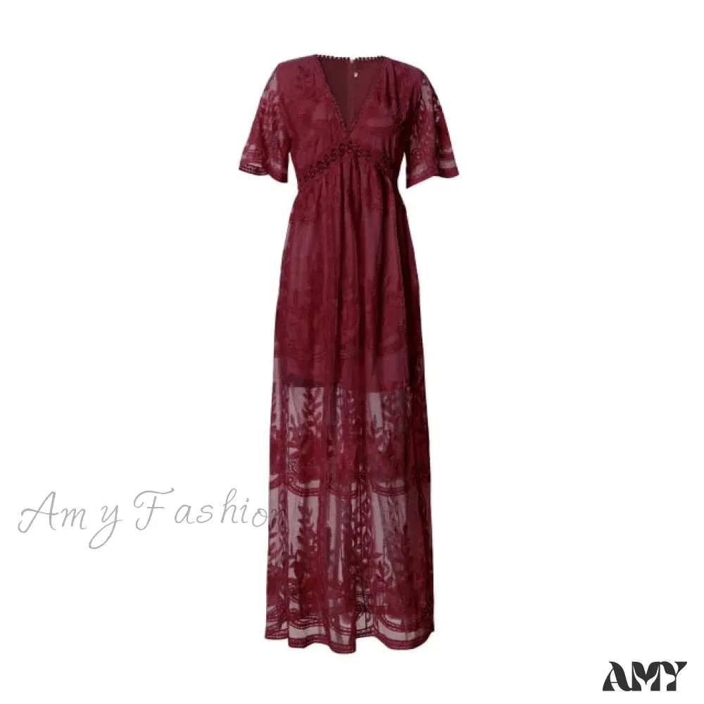 Amy Fashion - Loose Embroidery White Lace long Tunic Beach Dress