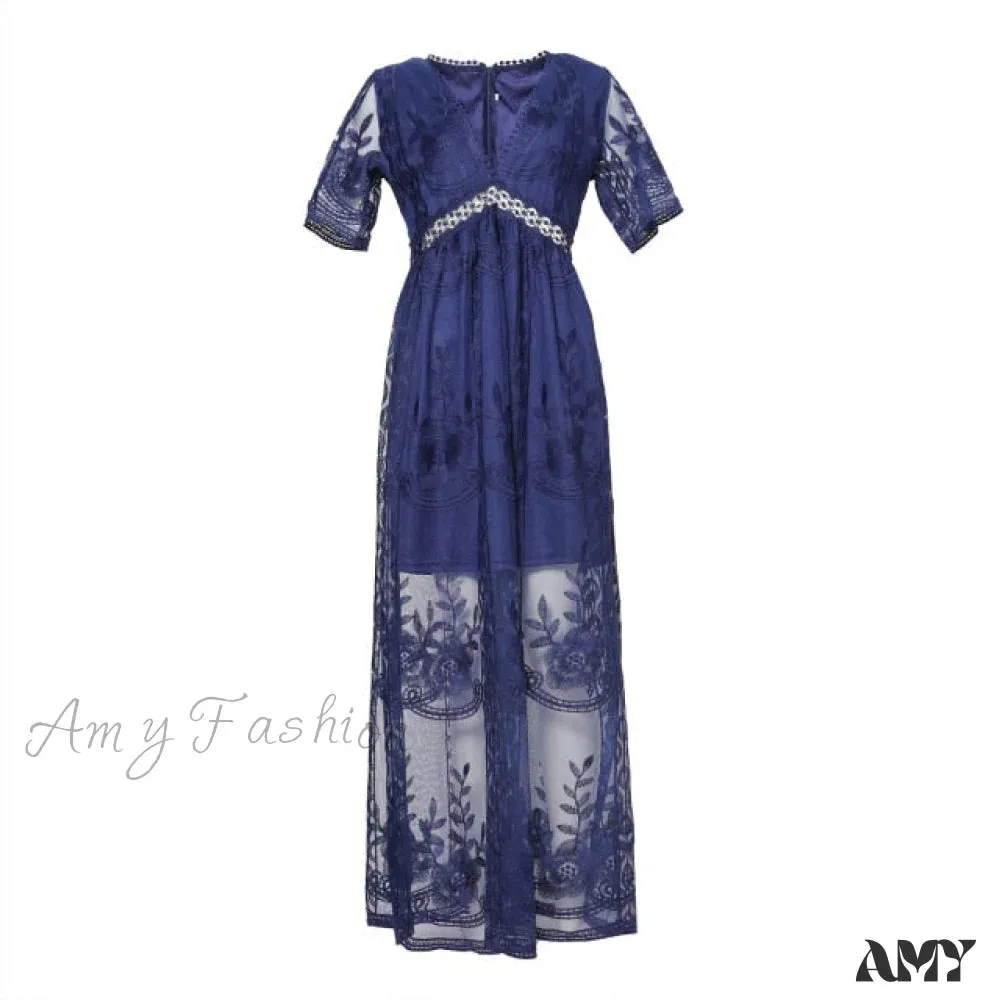 Amy Fashion - Loose Embroidery White Lace long Tunic Beach Dress