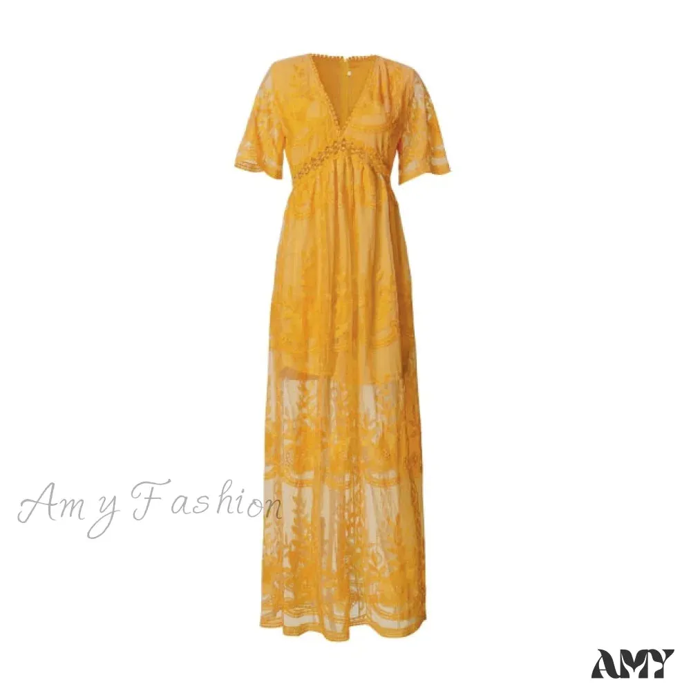 Amy Fashion - Loose Embroidery White Lace long Tunic Beach Dress