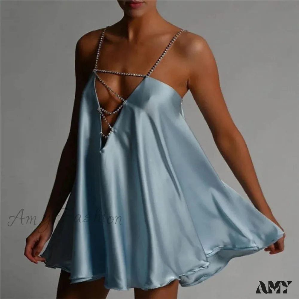 Amy Fashion - Solid Hollow V-neck A-line Mini Flared Dress