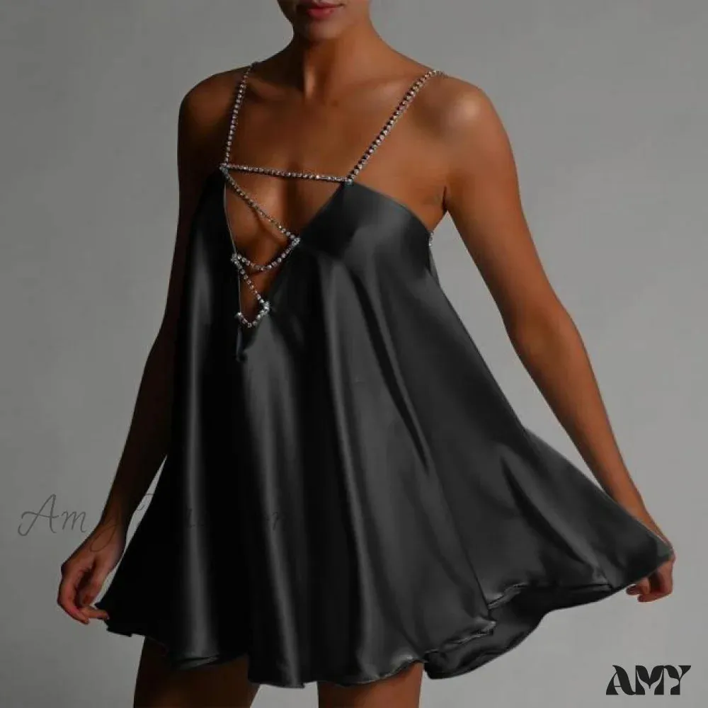 Amy Fashion - Solid Hollow V-neck A-line Mini Flared Dress