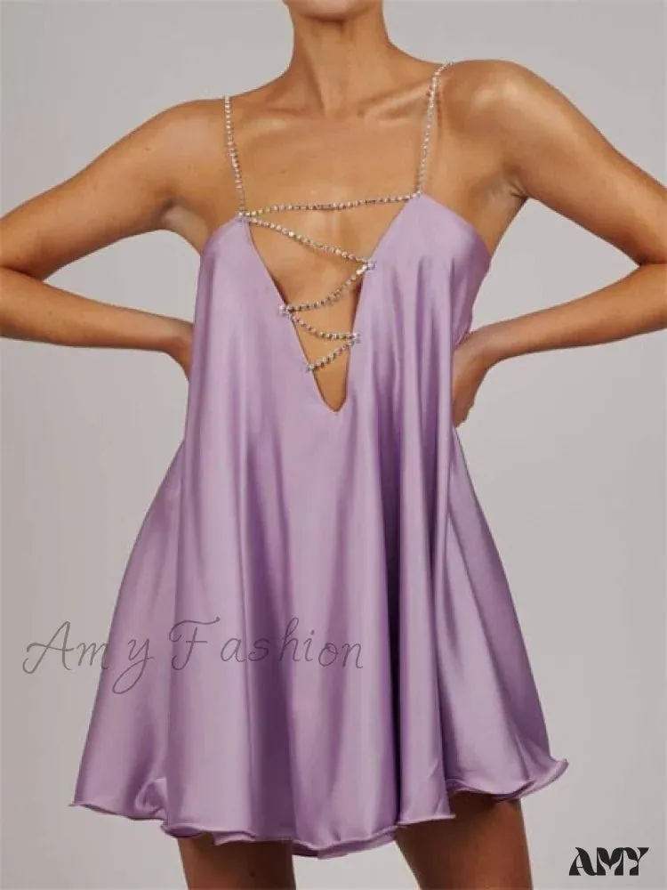Amy Fashion - Solid Hollow V-neck A-line Mini Flared Dress