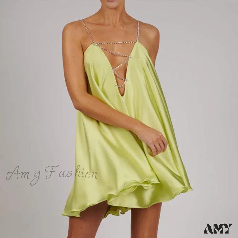 Amy Fashion - Solid Hollow V-neck A-line Mini Flared Dress