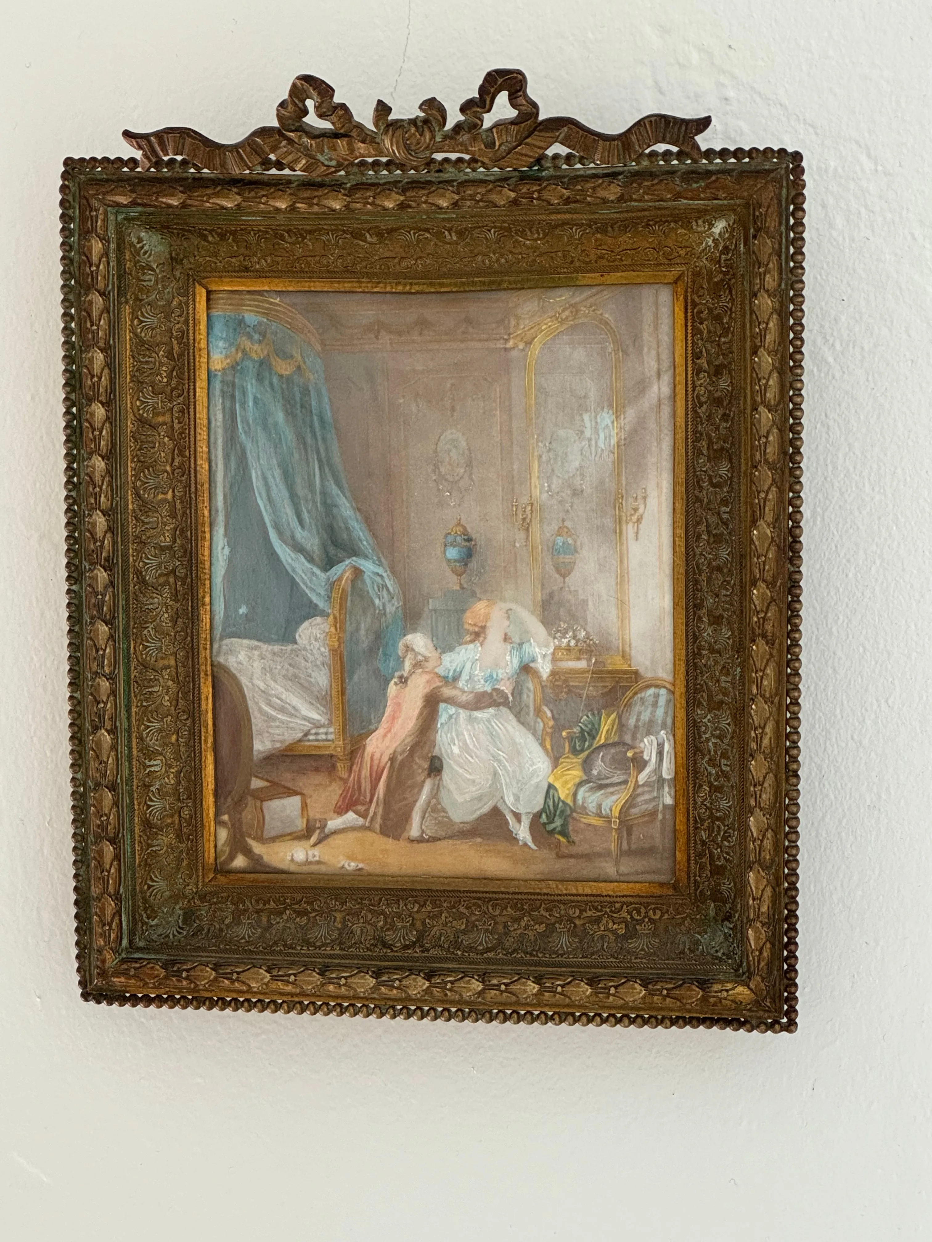 Antique French Miniature Painting in Bronzed Gold Frame