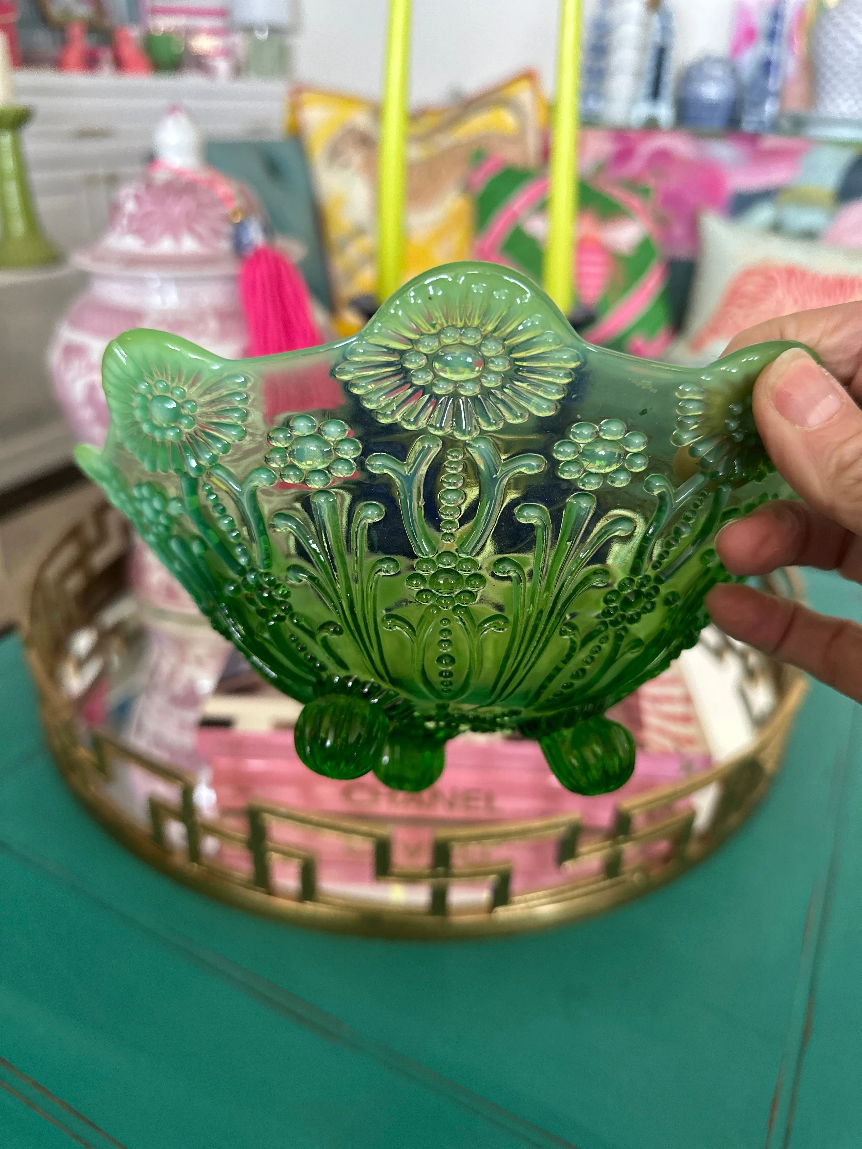 Antique Northwood Footed Bowl, Pearl Flowers Green Opalescent
