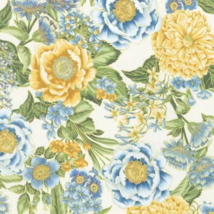 Avery Hill - Blue Flowers Ivory Metallic Yardage
