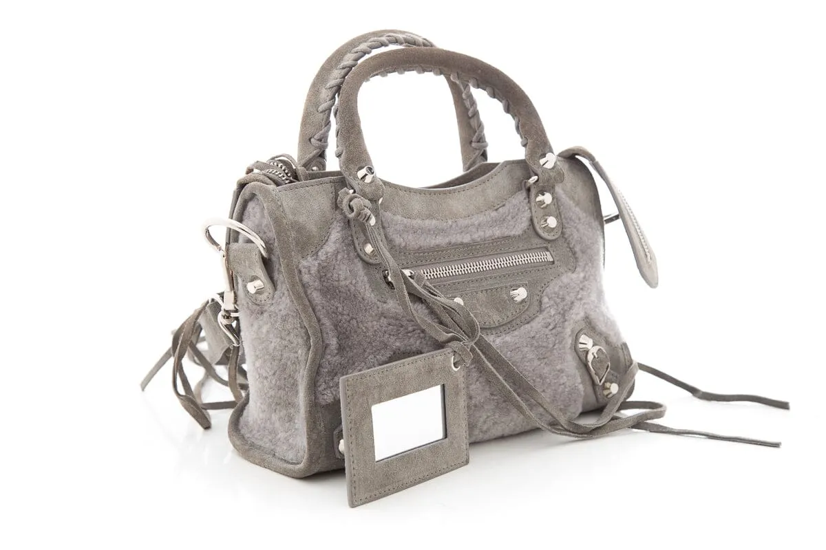 Balenciaga Grey Shearling & Suede Motocross Handbag