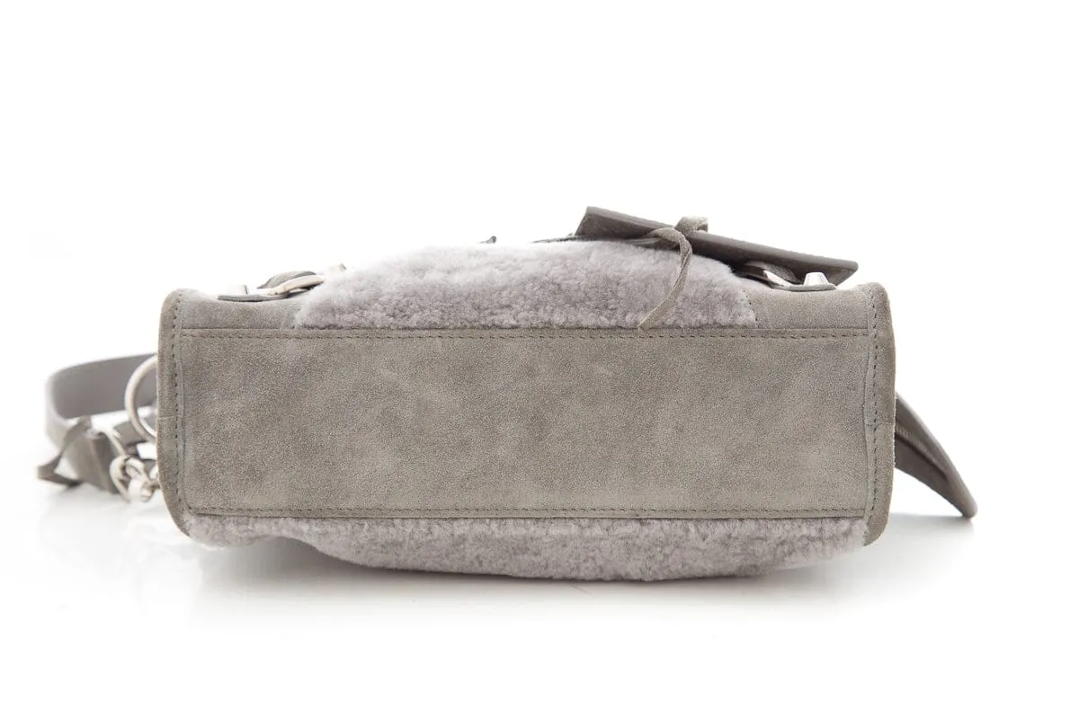 Balenciaga Grey Shearling & Suede Motocross Handbag