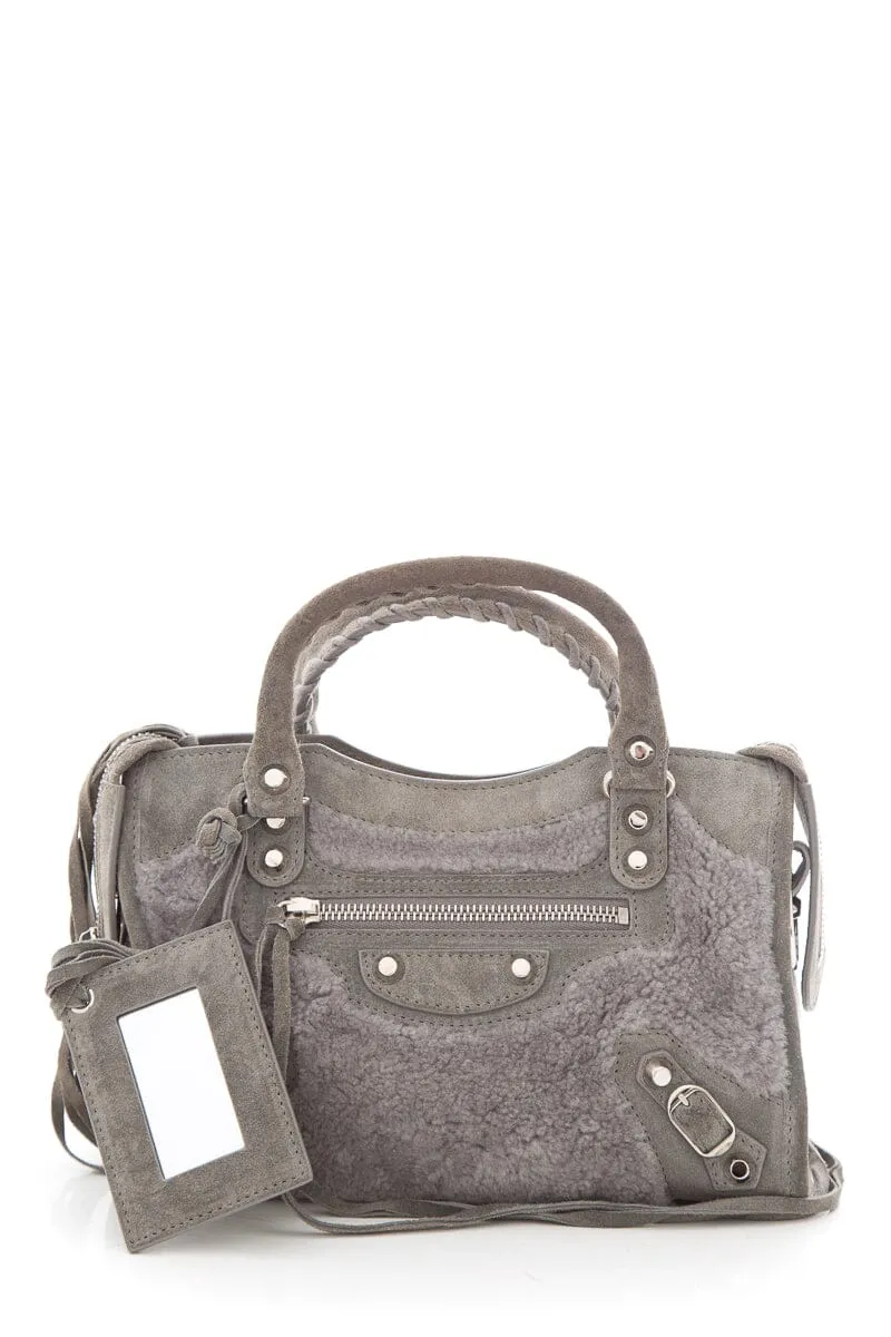 Balenciaga Grey Shearling & Suede Motocross Handbag