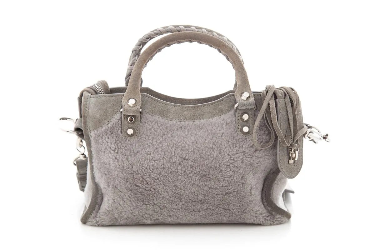 Balenciaga Grey Shearling & Suede Motocross Handbag