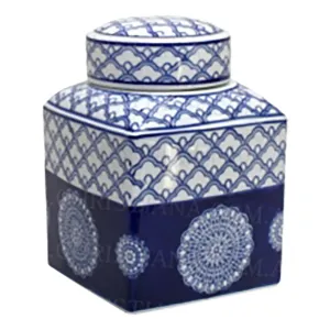 Blue and White Rising Sun Sq Jar