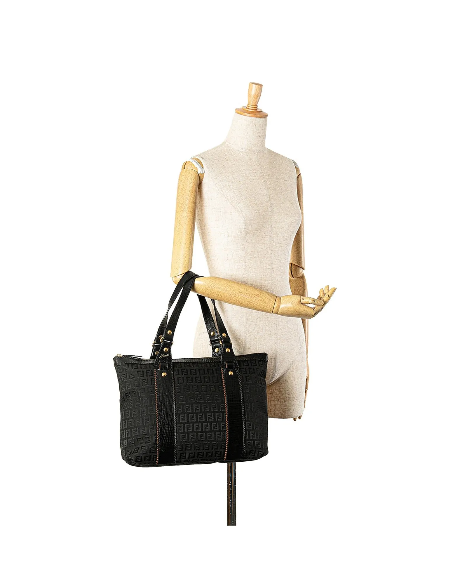 Canvas Handbag with Leather Trim and Top Zip Closure