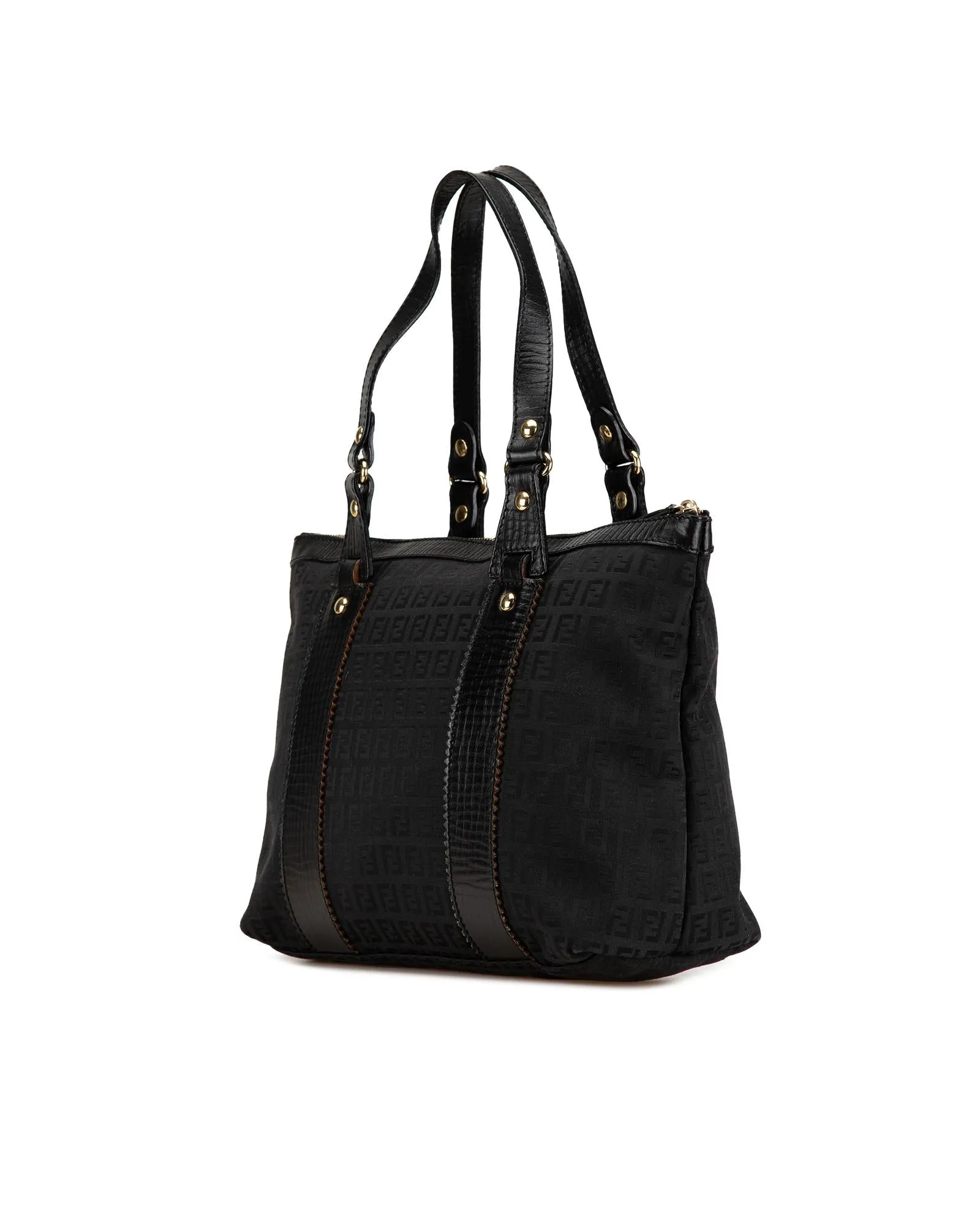 Canvas Handbag with Leather Trim and Top Zip Closure