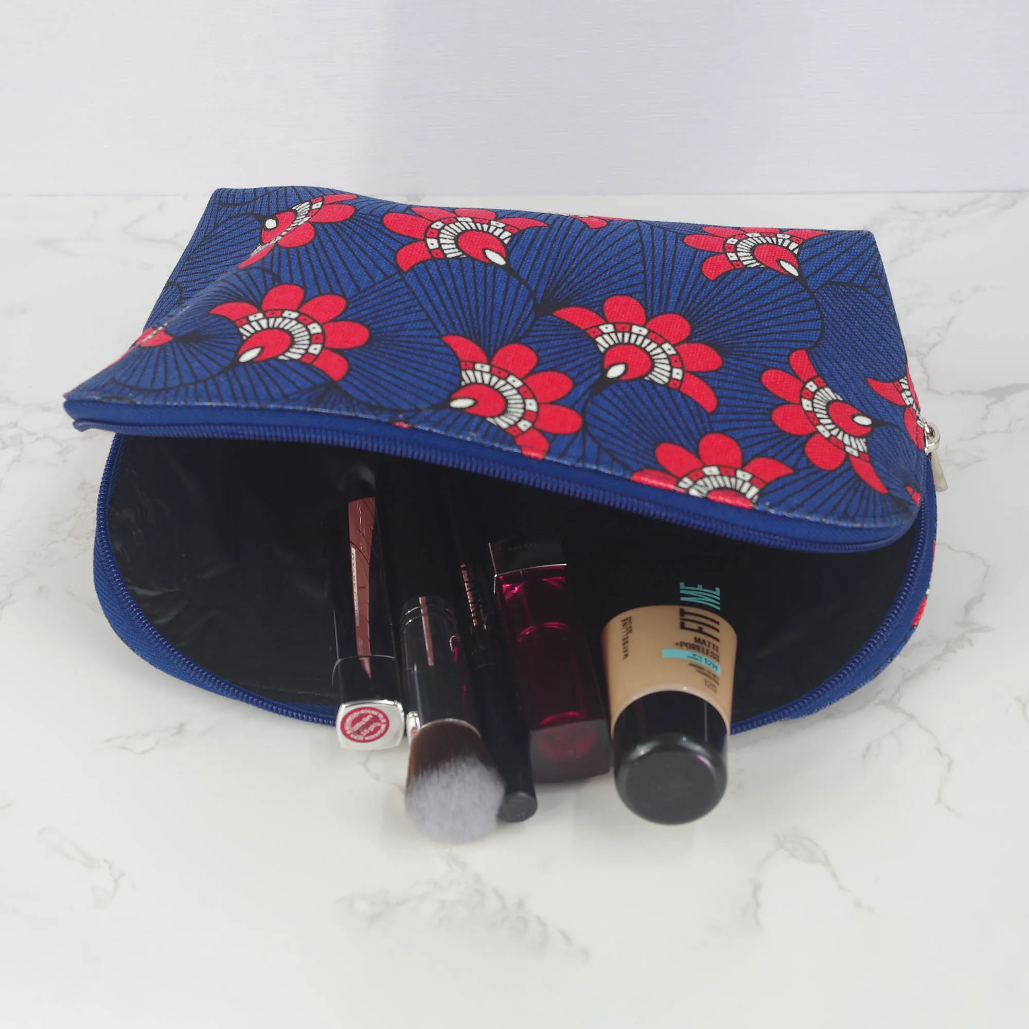 Canvas Wash Bag /Makeup Pouch - Red Flowers On Blue