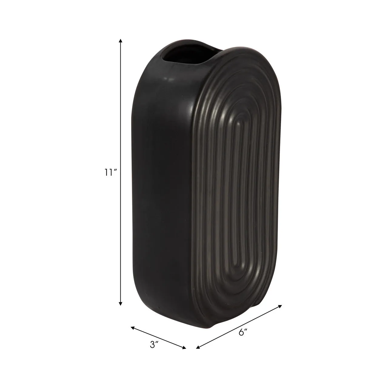 Cer, 11" Oval Ridged Vase, Black