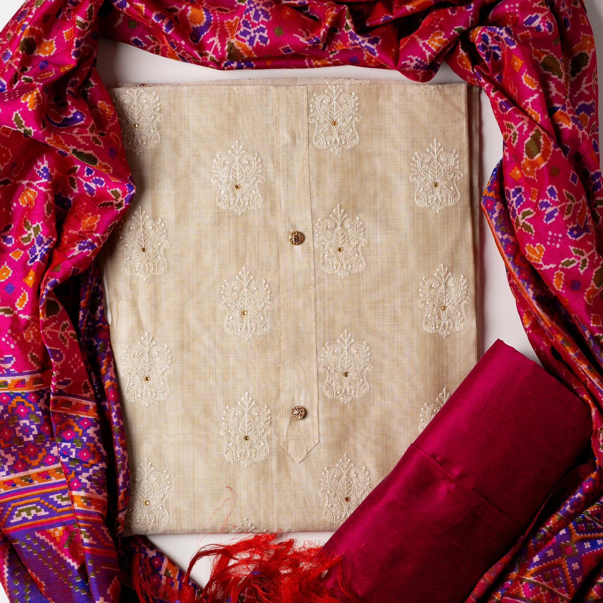 Chanderi Silk Functional Wear Dress Material (Ivory)