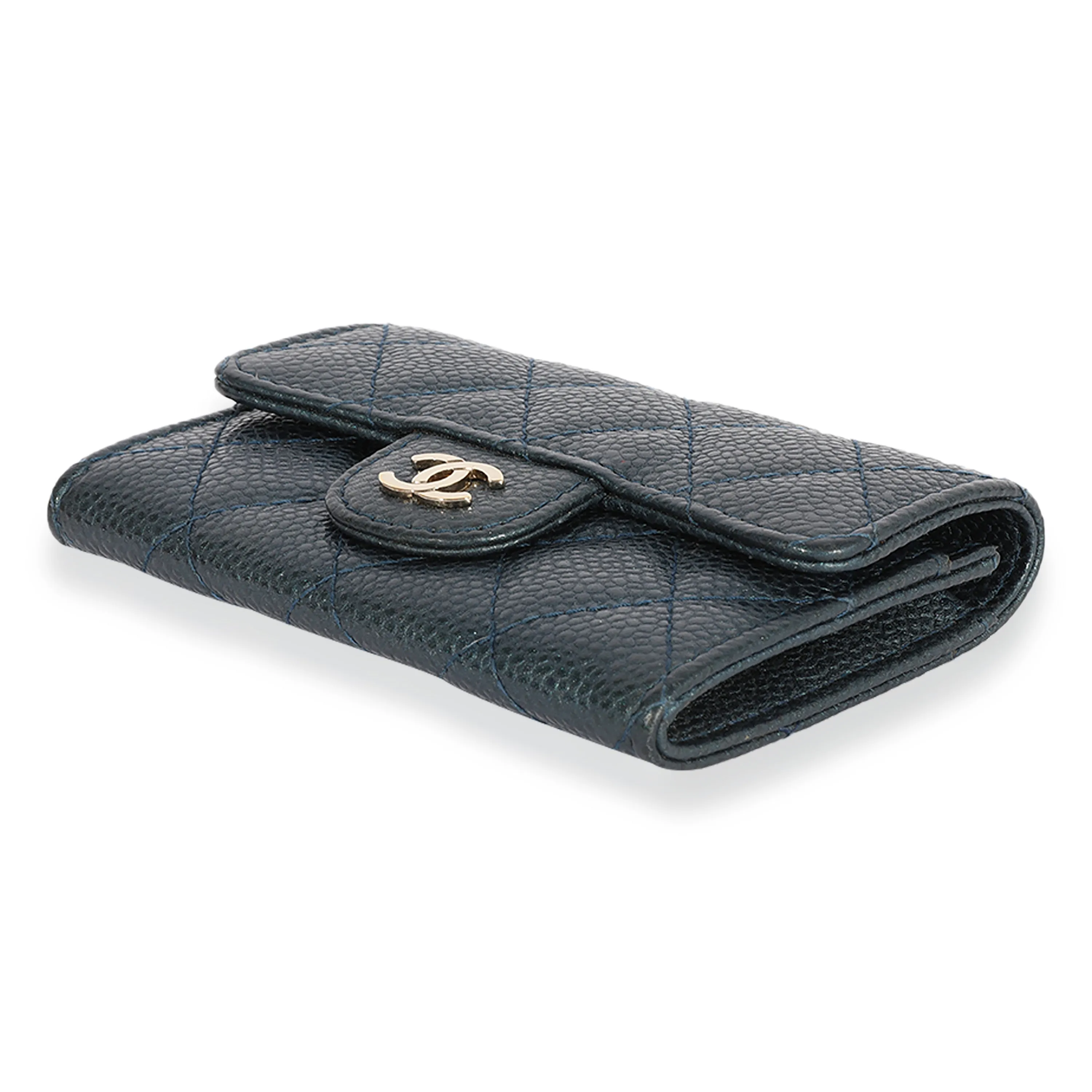 CHANEL Blue Quilted Caviar Flap Card Holder Wallet