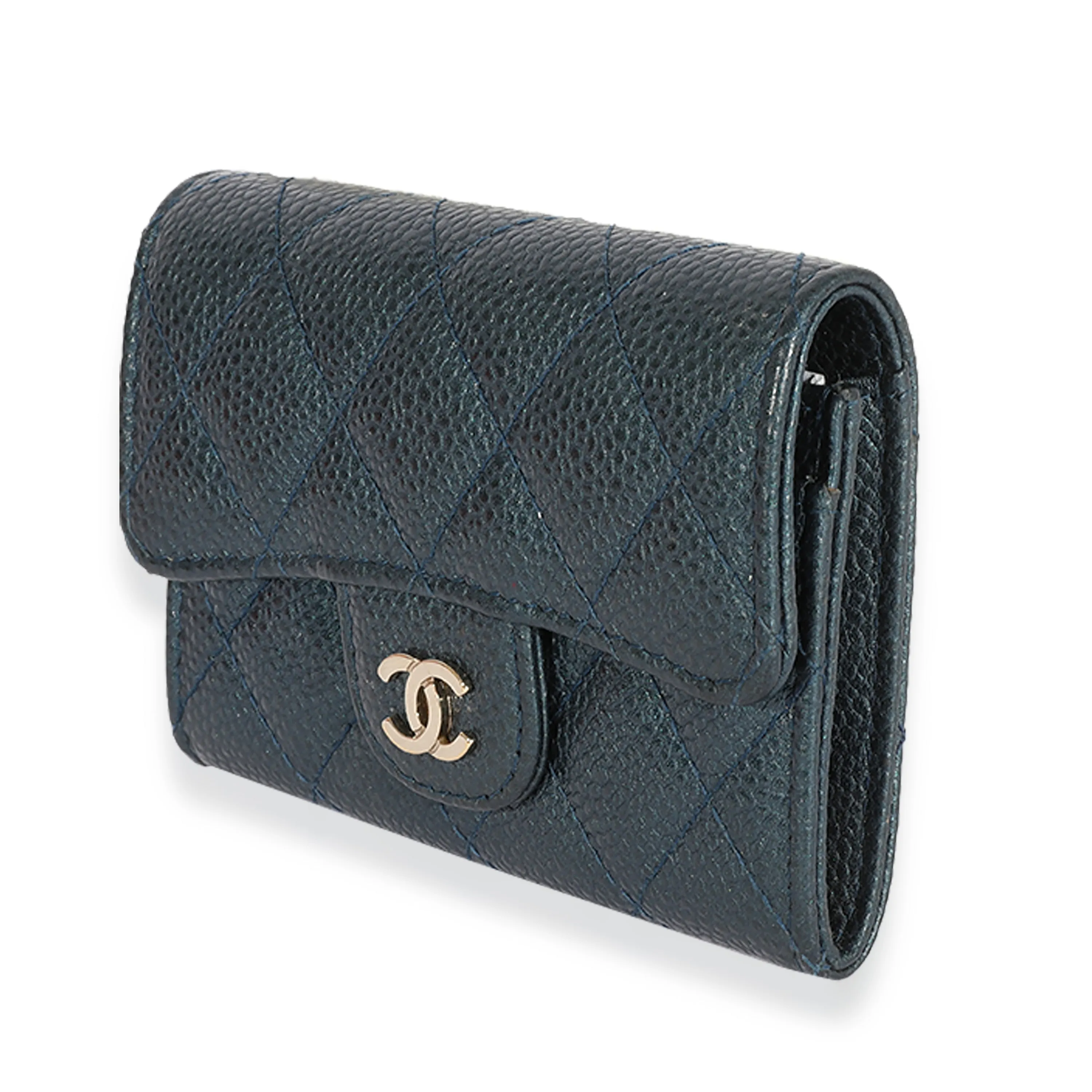 CHANEL Blue Quilted Caviar Flap Card Holder Wallet
