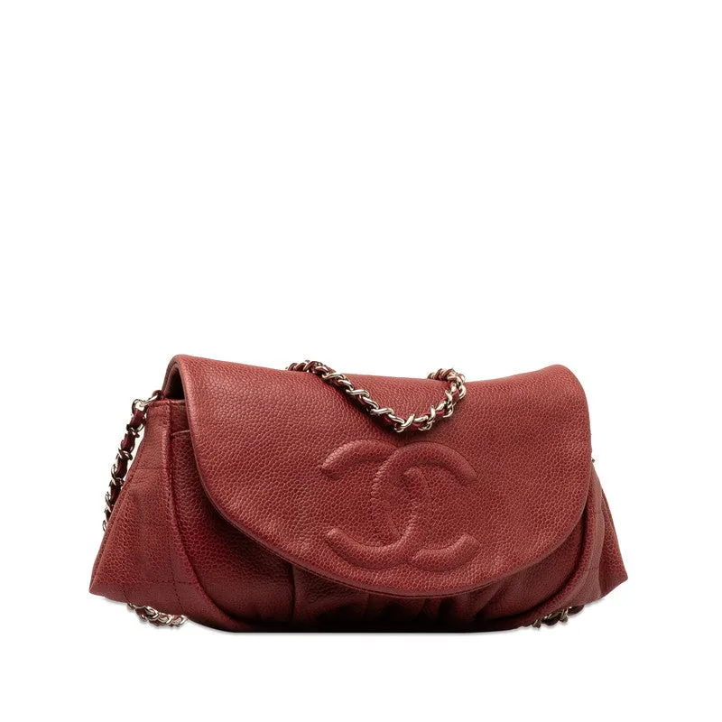 Chanel Coco Half Moon Chain Shoulder Bag Wine Red Silver Caviar S  CHANEL