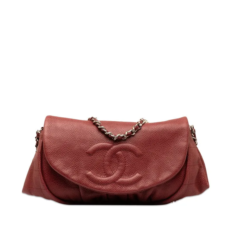 Chanel Coco Half Moon Chain Shoulder Bag Wine Red Silver Caviar S  CHANEL