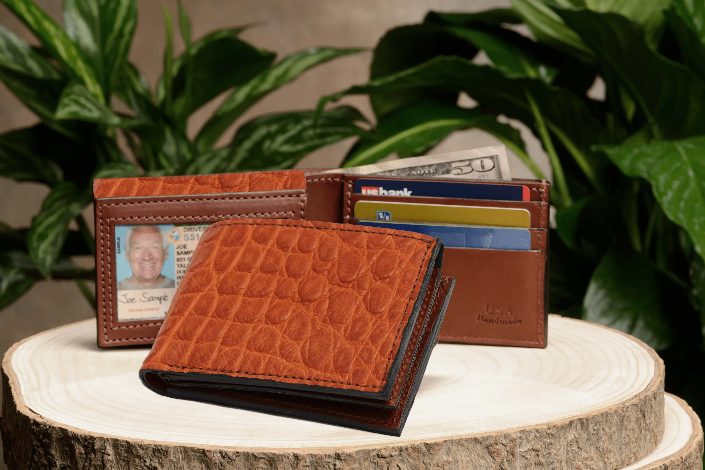 Cognac Alligator Luxury Designer Exotic Bifold Wallet With Flip Up ID Window