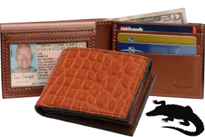 Cognac Alligator Luxury Designer Exotic Bifold Wallet With Flip Up ID Window