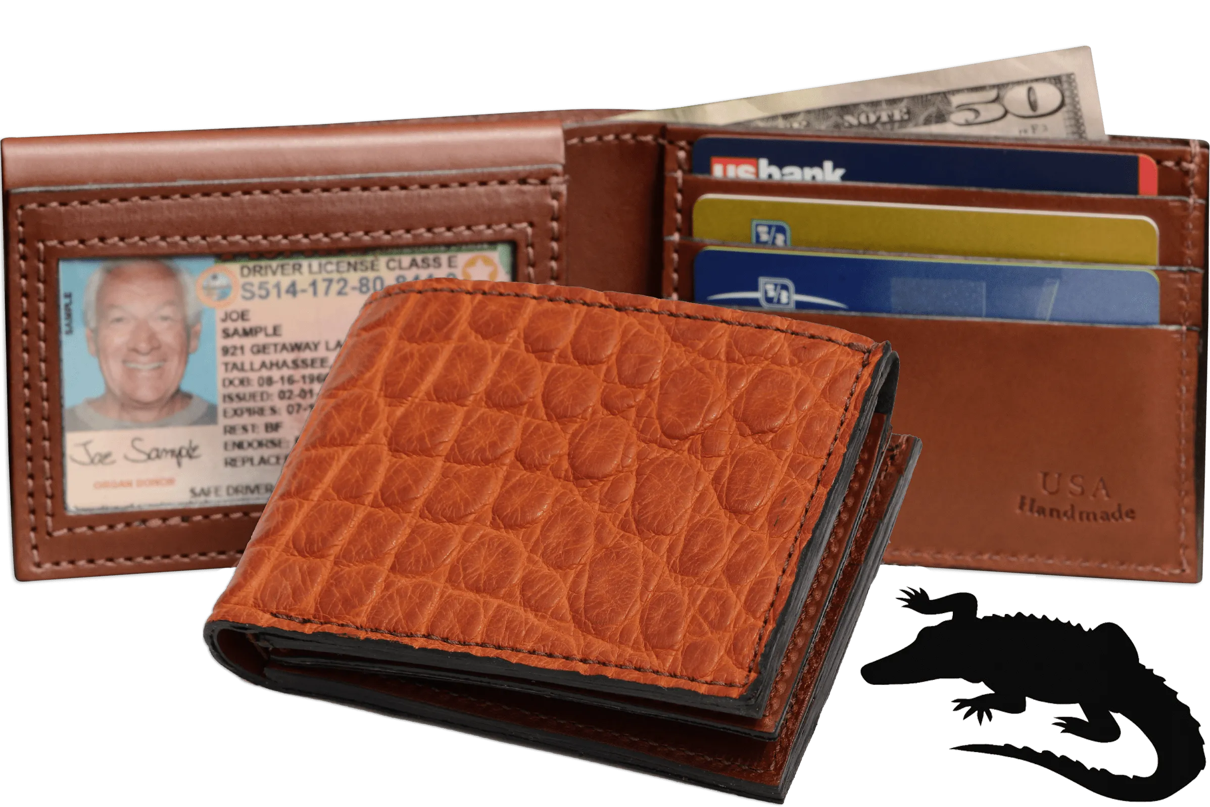 Cognac Alligator Luxury Designer Exotic Bifold Wallet With Flip Up ID Window