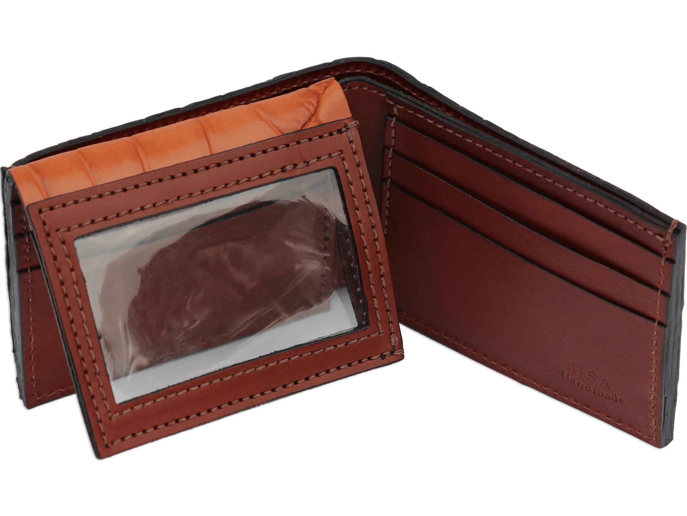 Cognac Alligator Luxury Designer Exotic Bifold Wallet With Flip Up ID Window