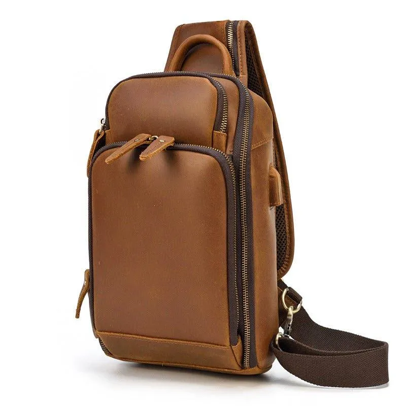 Cowhide Leather Cross Body Sling Bag with USB Port