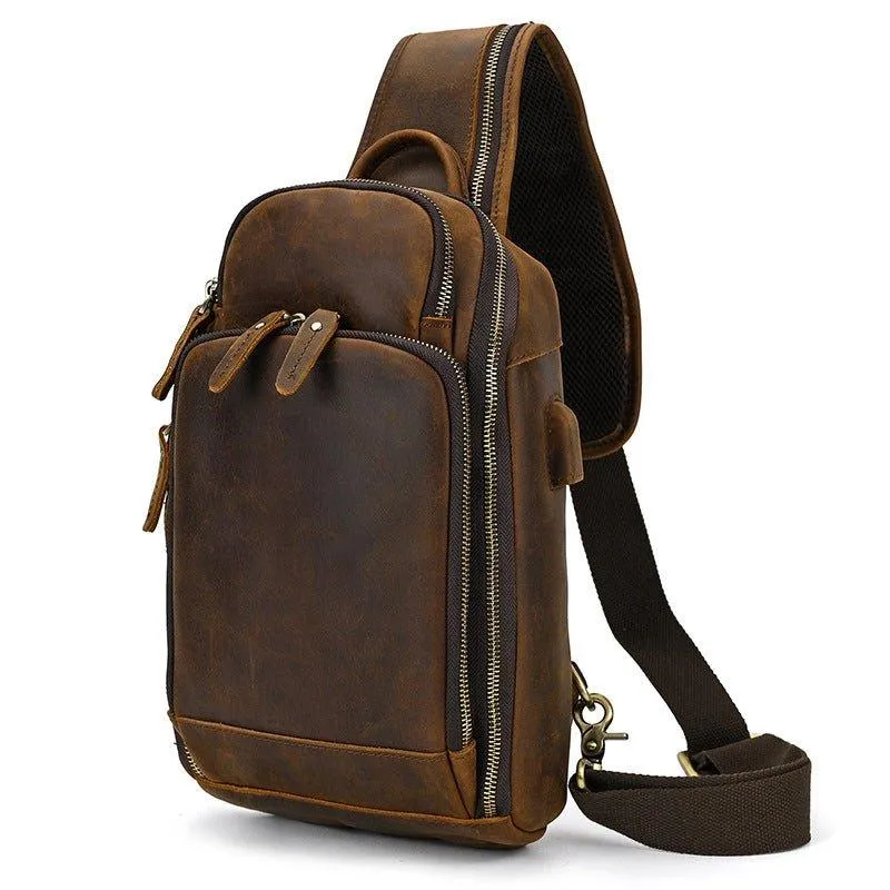 Cowhide Leather Cross Body Sling Bag with USB Port