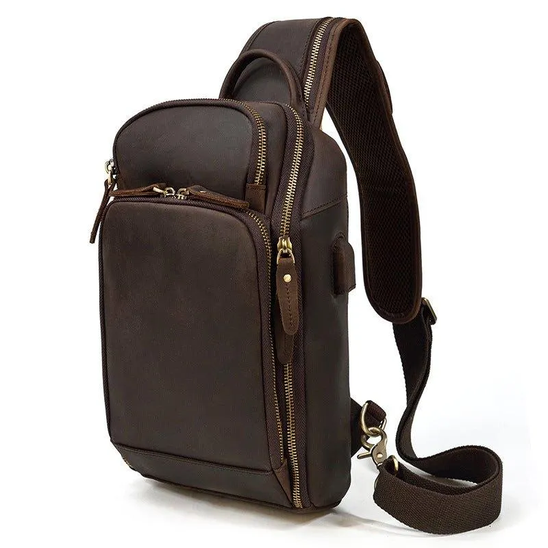 Cowhide Leather Cross Body Sling Bag with USB Port