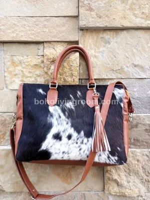 Cowhide Tote Purse Dark Tricolor