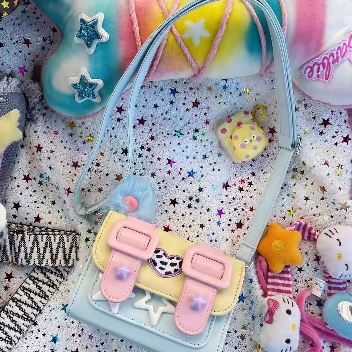 Cream Sweet Pink Yellow Blue Pastel College Style Cow Star Pattern Strap Handbag Messenger Bag