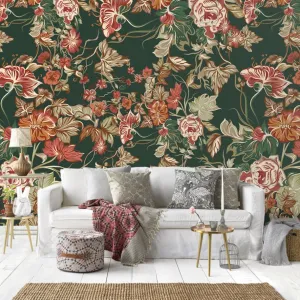 Custom Mural Wallpaper Vintage Green Idyllic Flowers (㎡)
