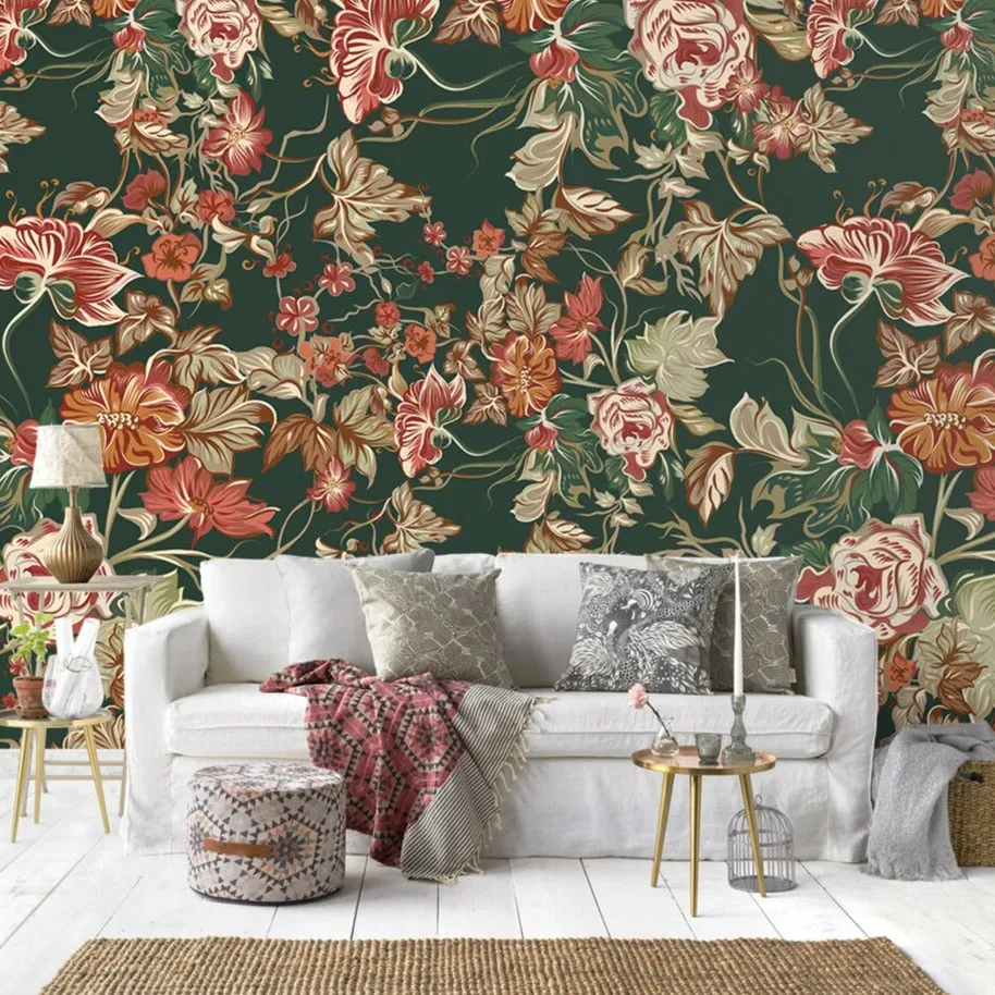 Custom Mural Wallpaper Vintage Green Idyllic Flowers (㎡)