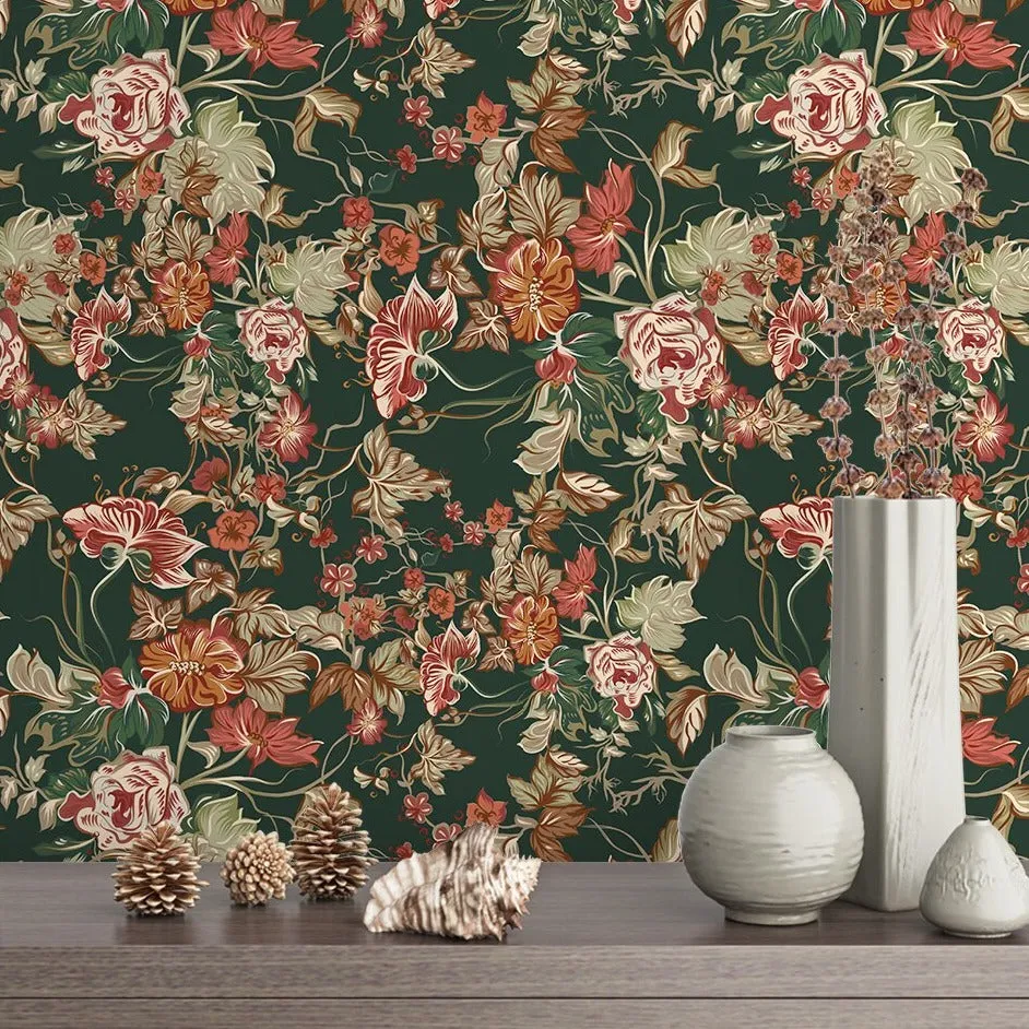 Custom Mural Wallpaper Vintage Green Idyllic Flowers (㎡)