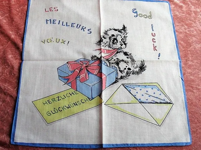 CUTE Mid Century Dog Good Luck Hankie, Vintage Handkerchief Hanky, Terrier Dogs Hankie, Vintage Dog Lover Hankies,Collectible Animal Hankies