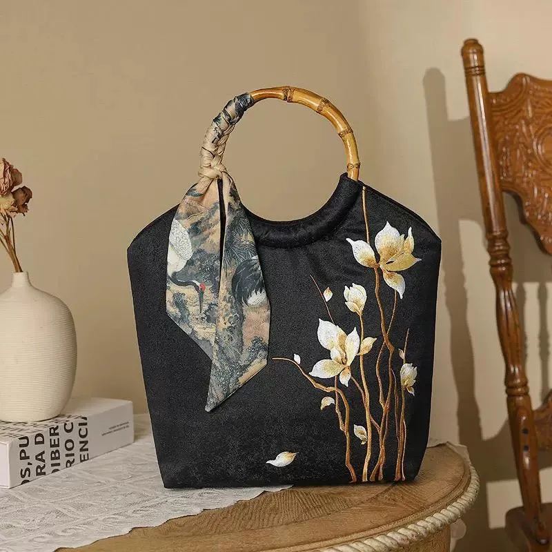 DEW silk scarf embellished embroidered tote bag