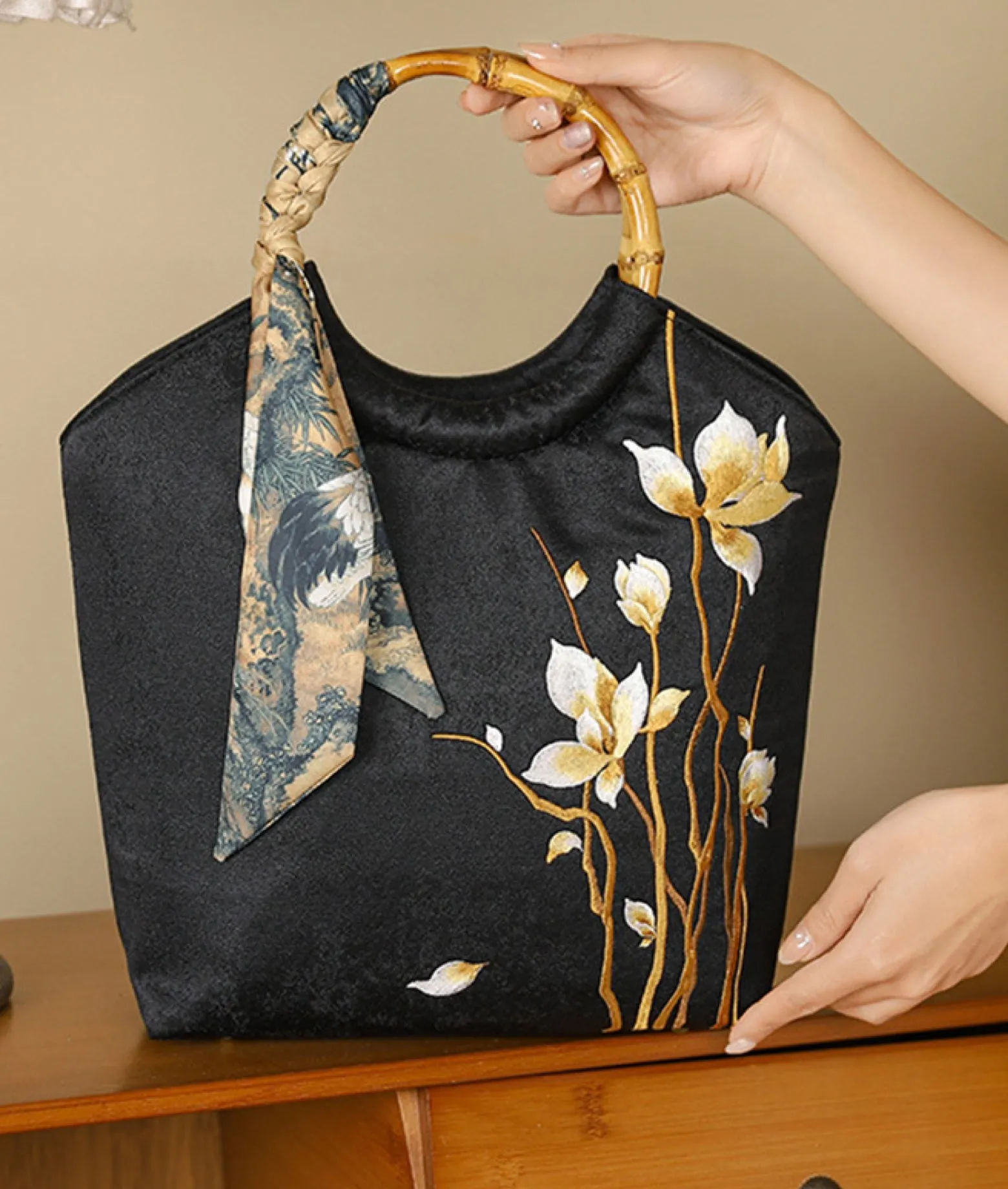 DEW silk scarf embellished embroidered tote bag