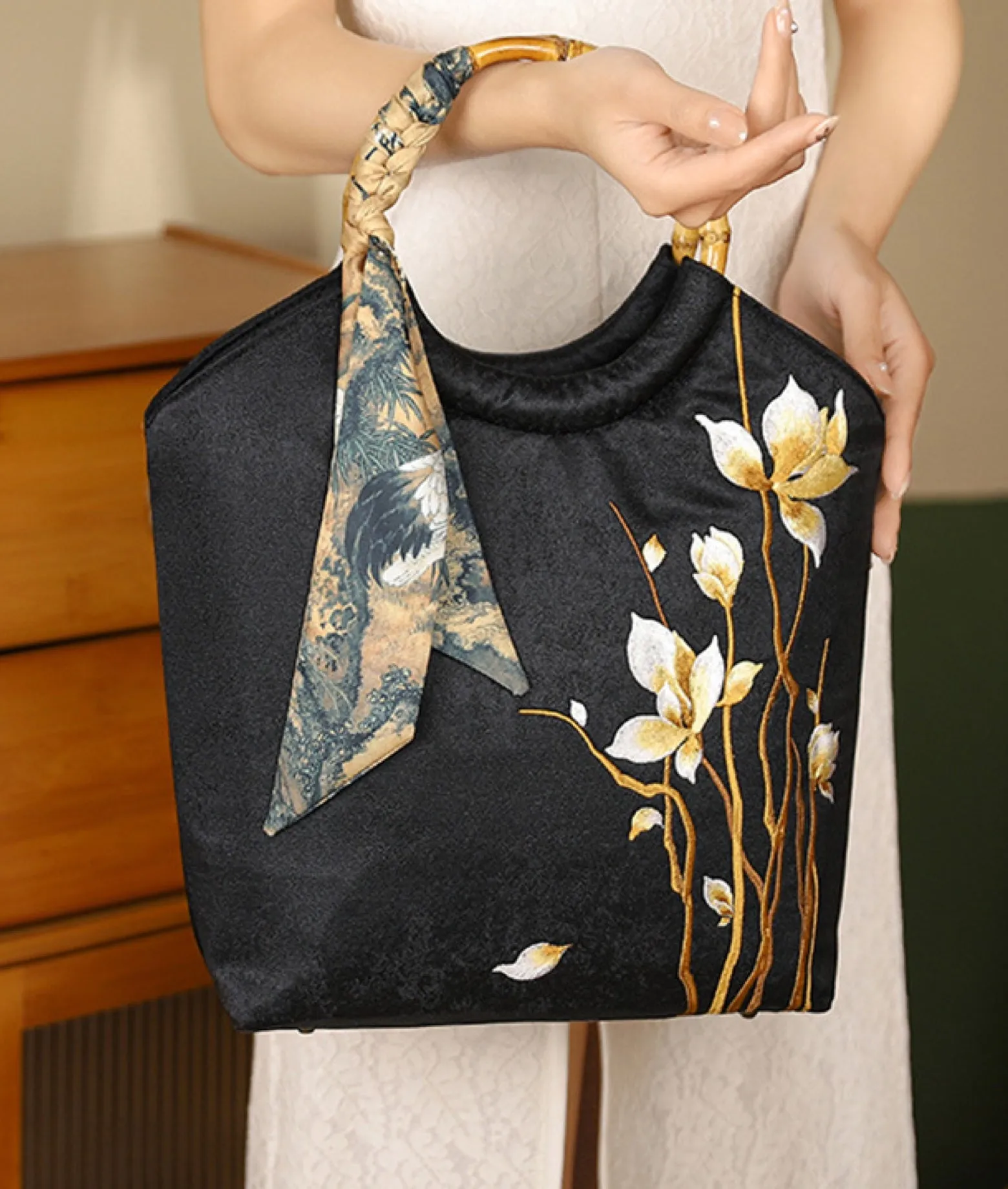 DEW silk scarf embellished embroidered tote bag