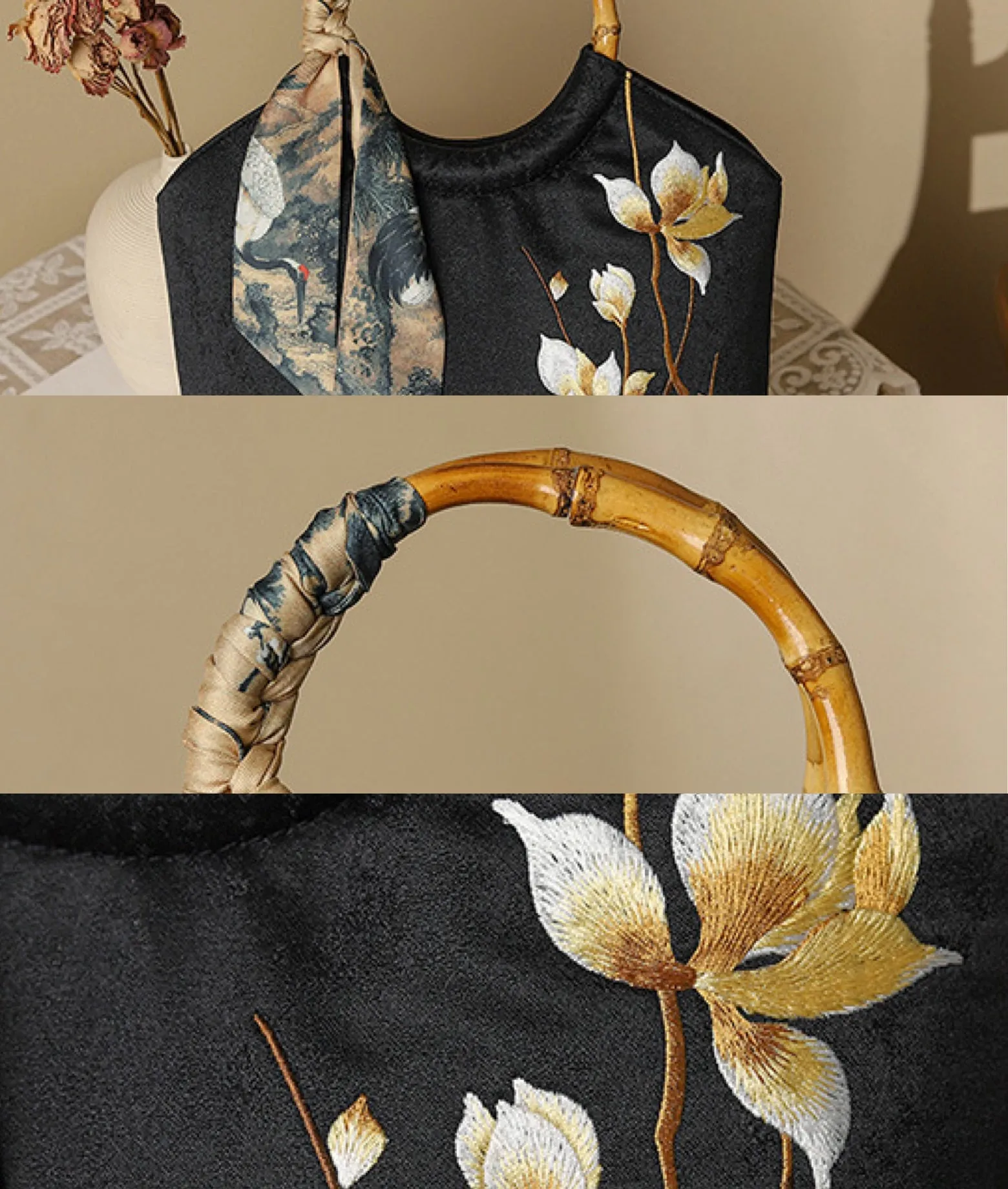 DEW silk scarf embellished embroidered tote bag
