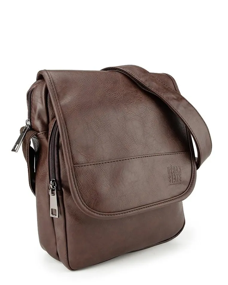 Distressed Leather Courier Crossbody Bag - Dark Brown